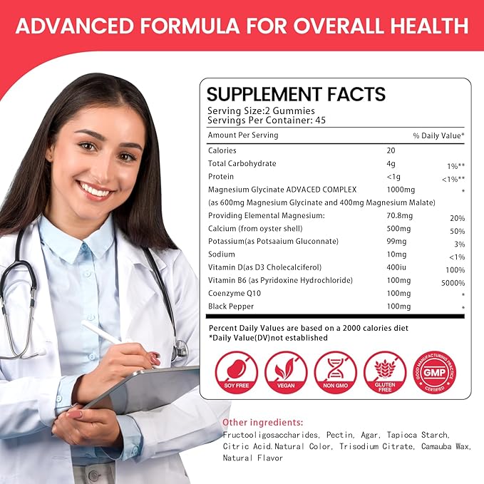 Magnesium Glycinate Gummies 1000mg, High Absorption Sugar Free Magnesium Potassium Supplement for Relaxation, Stress Relief, and Sleep Support for Adults & Kids - 90 Strawberry Gummies
