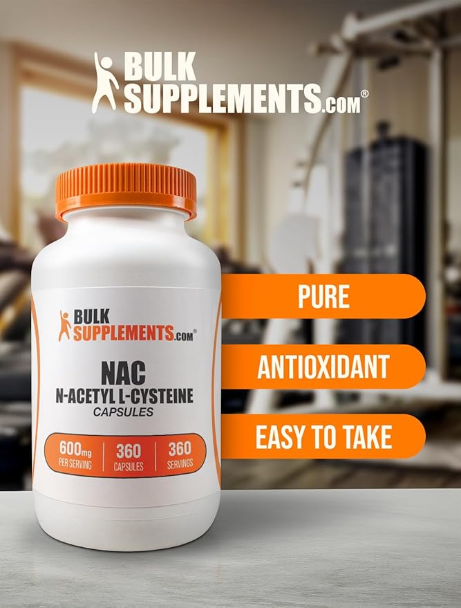 BulkSupplements.com N-Acetyl L-Cysteine Capsules - N-Acetyl Cysteine 600mg, NAC Supplement - 600mg per Capsule, Gluten Free - 1 NAC Capsule per Serving, 360 Capsules (Pack of 1)