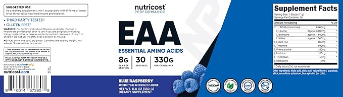 Nutricost EAA Powder 30 Servings (Blue Raspberry) - Essential Amino Acids - Non-GMO, Gluten Free, Vegetarian Friendly