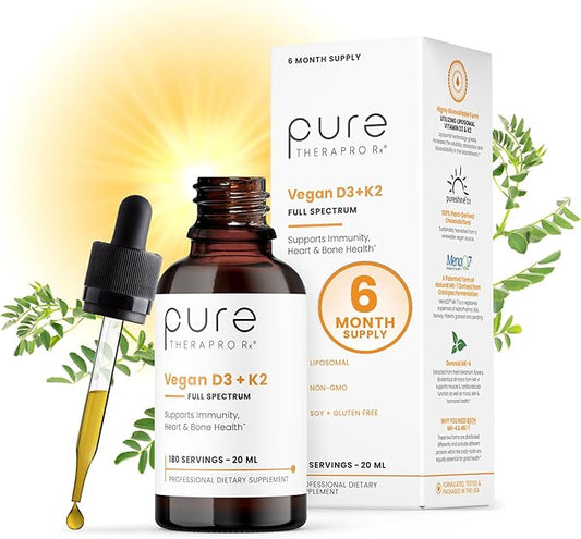 Pure Therapro Rx Vegan D3 + K2 Organic 100% Liposomal 20ml Made in USA | 6 Month Supply | Maximum Absorption Vitamin D3 and Vitamin K2 Supplements for Men and Women, D3 Vitamin 5000 IU