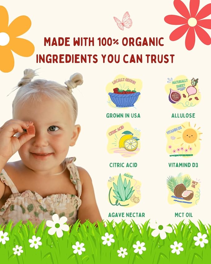500IU Vitamin D3 Gummies - Organic, Plant-Based, Sugar-Free | Real Strawberry, Allulose, MCT-Oil, Agave | Supports Bones, Immunity, Mood & Sleep