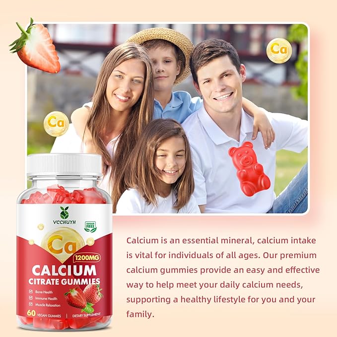 Calcium Citrate Gummies 1200mg, Chewable Calcium Supplements for Women & Men, Sugar Free Calcium Gummies for Bone, Muscle & Immune Support, Strawberry Flavor 60 Count