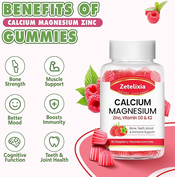 Calcium Magnesium Zinc Gummies with Vitamin D3 & K2, Calcium Gummies for B0nes Muscles, Women & Men, Raspberry Flavor - 120 Count