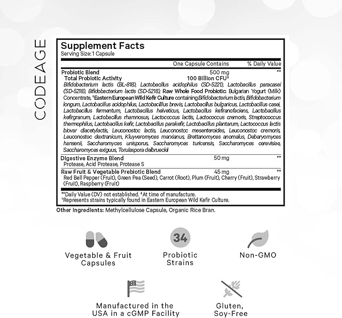 Codeage Raw Probiotic+ Supplement - 34 Probiotic Strains, 100 Billion CFUs, Raw Whole Food Probiotics, Digestive Enzymes, Raw Fruits & Veggies Prebiotics - Wild Kefir Culture - Non-GMO - 30 Capsules