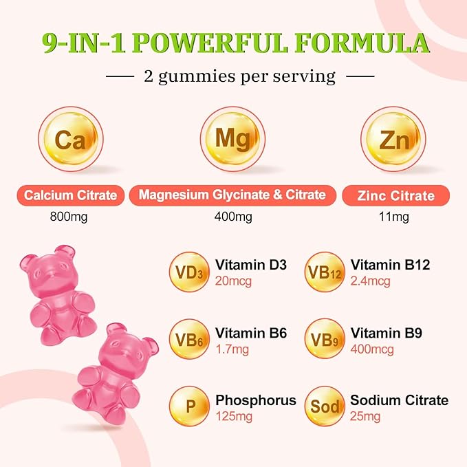 Calcium Magnesium Zinc Gummies, Calcium Magnesium 2:1 Ratio with Vitamin D3 & B12 for Support Muscle, Mood and Immunity, 60 Vegan Cherry Flavor Gummies