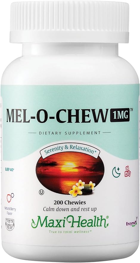 Chewable Melatonin, Kosher Berry Flavor, 1mg Melatonin for Adults or Teens, Natural Aid for Adults, Melatonin Chewables Alternative to Melatonin Gummies Higher 1 mg Dose, Maxi Health (200 Count)