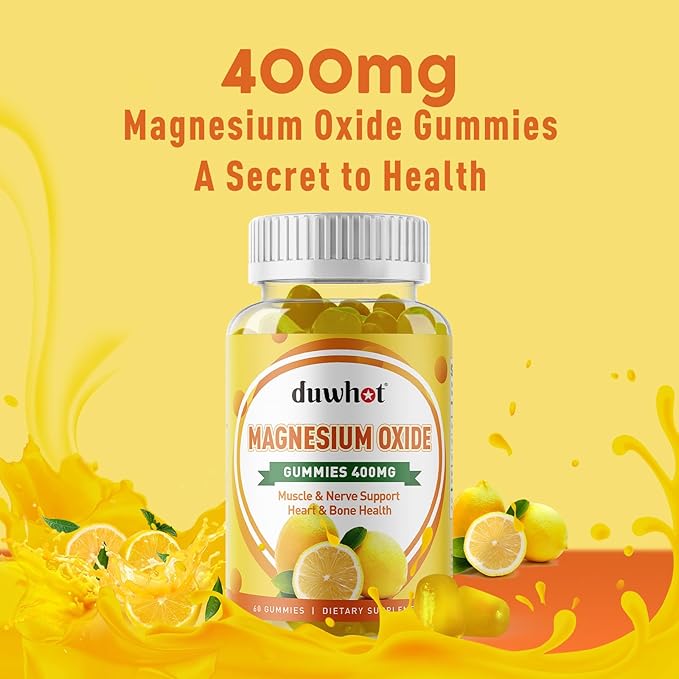Magnesium Oxide Gummies 400mg, Magnesium Oxide Chewable Supplement for Adults & Kids, Nerve, Muscle, Bone & Heart Support, Non GMO, Pectin, Vegan, 60