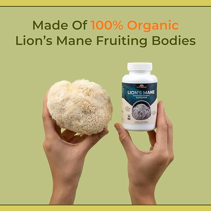 Naturealm Lion's Mane Mushroom Powder - Organic Brain Support for Focus Memory Mental Clarity - Non GMO Cognitive Function - 60 Servings