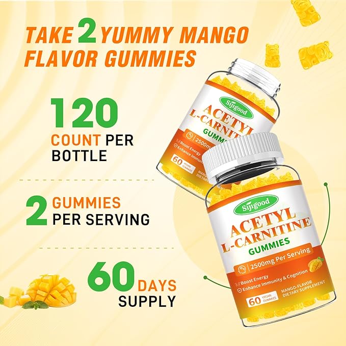 2 Pack Acetyl L-Carnitine Gummies for Men & Women - Daily Energy Support with Immune Support Gummies, Mango Flavor, 120 Count