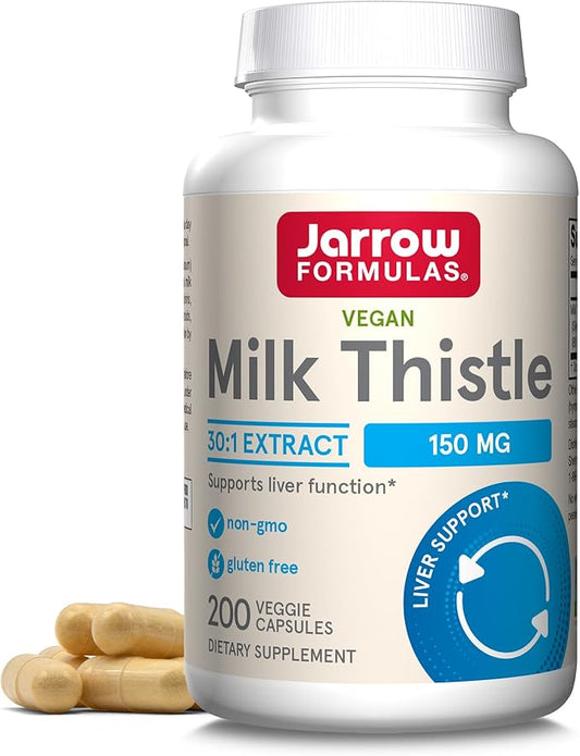 Jarrow Formulas Milk Thistle 150 mg With 30:1 Standardized Silymarin Extract, Dietary Supplement for Liver Function Support, 200 Veggie Capsules, 66-200 Day Supply