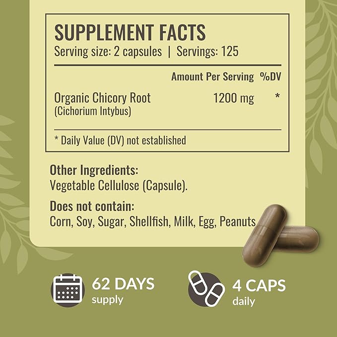 HERBAMAMA Chicory Root Fiber Capsules - 1200mg Chicory Root Powder for Gut Cleanse & Digestive Support - Vegan, Non-GMO Inulin Prebiotic Fiber Supplement, 250 Caps
