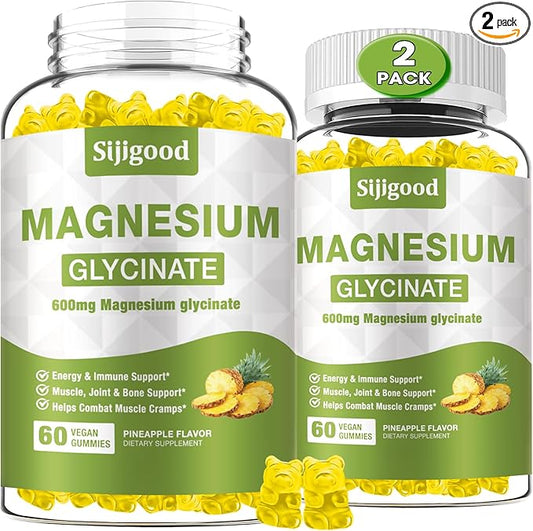 2 Pack Magnesium Glycinate Gummies 600mg, Relaxation & Zzz Support, Magnesium Potassium Supplement for Adults and Kids Sugar-Free, Vitamin C B6 B12 D3 and CoQ10, Pineapple Flavor, 120 Count