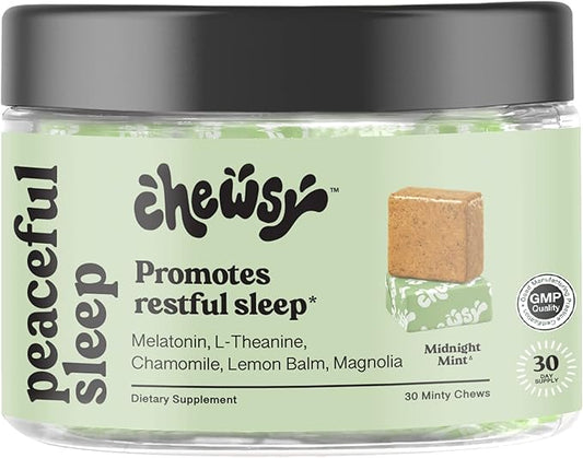 Chewsy Peaceful Sleep Chews, Sleep Support, 3 mg Melatonin, 200 MGS L-Theanine, Chamomile, Lemon Balm, Magnolia, Nighttime Sleep Aid, Naturally Minty Chews, Promotes restful Sleep, 30-Day Supply (1)