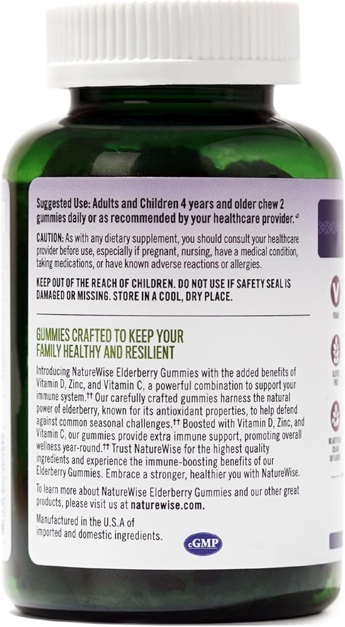 NatureWise Sambucus Elderberry Gummies - Immune Support Supplement for Kids Ages 4+ & Adults with Vitamin C, D3, Zinc - Elderberries Equivalent to 3520mg - Vegan, Non-GMO - 90 Count[45-Day Supply]