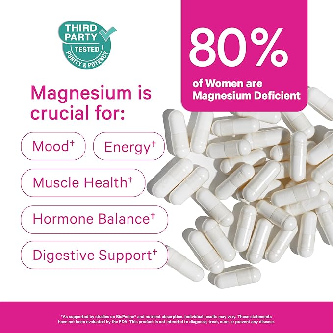 Pink Stork Magnesium Glycinate with Vitamin D - Magnesium Supplement for Women to Support Natural Calm, Mood, and Sleep - Hormone Balance for Women - 60 Capsules, Berry Essence, 1 Month Supply