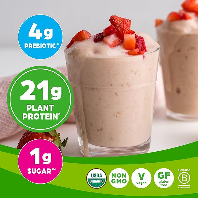 Orgain Organic Vegan Protein Powder, Strawberries & Cream - 21g Plant Based Protein, 4g Prebiotic Fiber, Low Net Carb, No Lactose Ingredients, No Added Sugar, Non-GMO, For Shakes & Smoothies, 2.03 lb