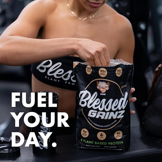 BLESSED Gainz Vegan Protein Powder Mass Gainer - 40g Plant Based Protein Powder - Meal Replacement Shake with Pea Protein Powder - Vegan Protein Shake - 40 Servings (Peanut Butter)