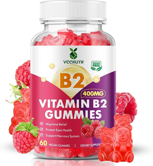 Vitamin B2 Gummies for Kids & Adults, VIT B2 Riboflavin 400mg Supplement with Magnesium for Migraine Relief & Nervous System Support, Non-GMO, Vegan, Raspberry Flavor 60 Count