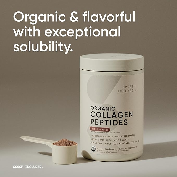Sports Research® Organic Collagen Peptides (Dark Chocolate) - Hydrolyzed Type I & III Collagen Protein Powder with Amino Acids - USDA Organic, Gluten Free, Sustainably Sourced - 30 Servings