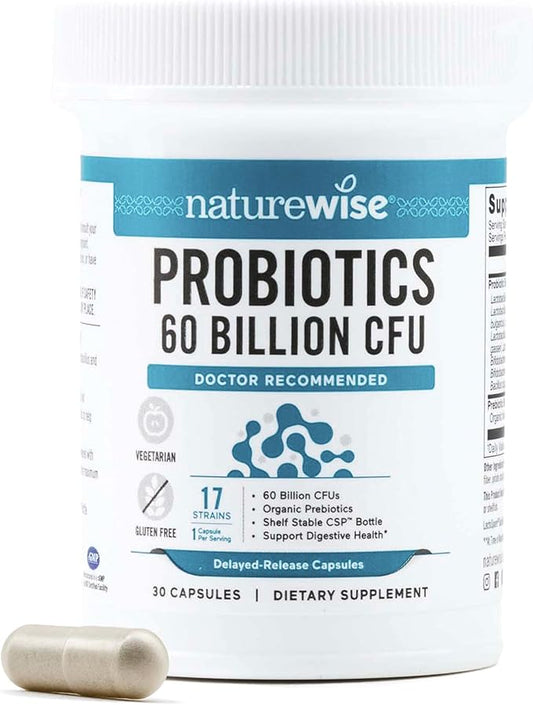 NatureWise Probiotics 60 Billion CFU - 17 Strains + Organic Prebiotics - Immune, Digestive & Gut Health Support for Women & Men - Vegetarian, Gluten-Free, Non-GMO - 30 Capsules[1-Month Supply]