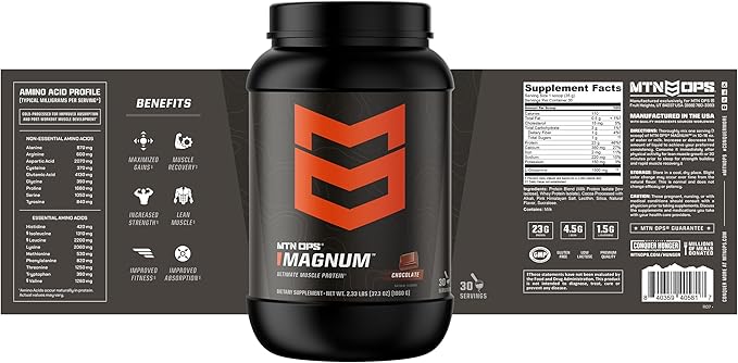 MTN OPS Magnum Chocolate Protein Powder, 23g of Whey Isolate Protein & Milk Protein with BCAAs, Zero Sugar & Gluten Free 30-Serving Tub