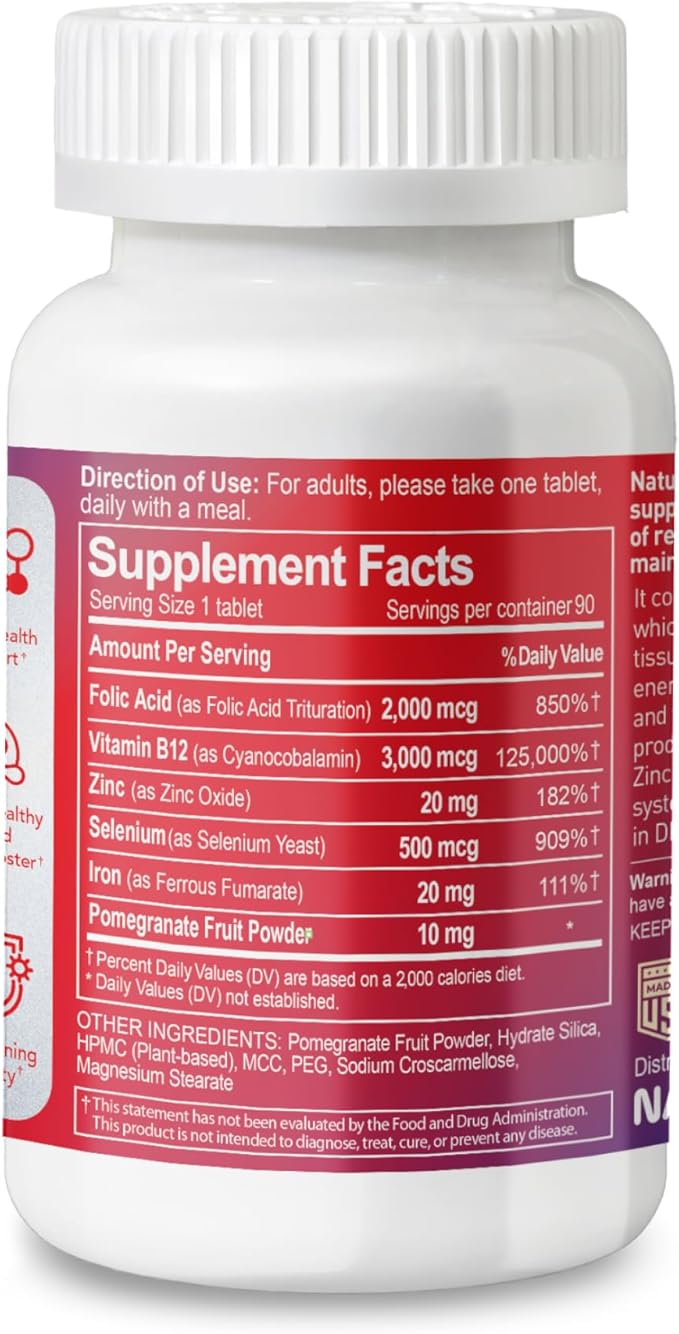 Mega Blood Booster - Dietary Supplement for White and Red Blood Cell Support with Iron, Selenium, Zinc, Vitamin B12 & Folic Acid - 90 Tablets, 90 Day Supply