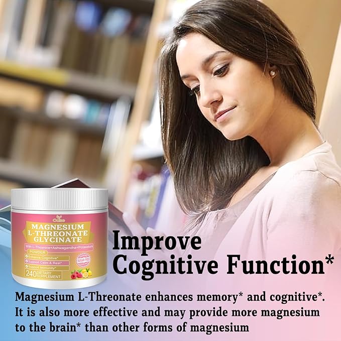 Magnesium Powdered Drink Mix with Magnesium Glycinate, Potassium, L-Theanine, Ashwagandha, and Vitamin D for Men and Women, Raspberry Lemonade, (240g)