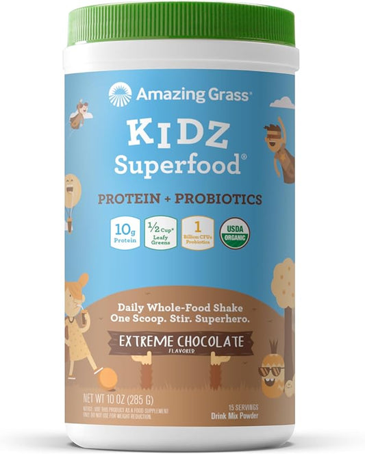 Amazing Grass Kidz Superfood: Vegan Protein & Probiotics for Kids with Beet Root Powder & 1/2 Cup of Leafy Greens, Extreme Chocolate, 15 Servings