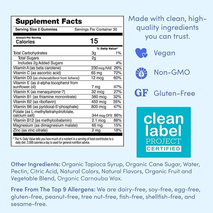 FIRST DAY Vitamins for Teens - Teen Multi Vitamins for Girls & Boys 12-17, Organic Fruit & Veggie Blend - 12 Key Nutrients: Vitamins A, B1, B2, B6, B9, B12, C, D3, E, K2-30 Day Supply