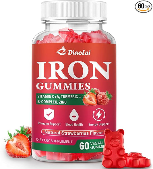 Vegan Iron Gummies - High Potency Iron Supplement for Women & Men - Supports Energy & Immune Health - Strawberry Flavor (60 Count)