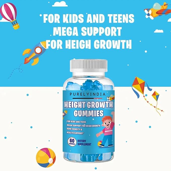 Height Growth Gummies for Kids & Teens – Enriched with Ashwagandha, Calcium, Vitamin D & K for Healthy Bone Development, Non-GMO, 60 Gummies, Ages 5+