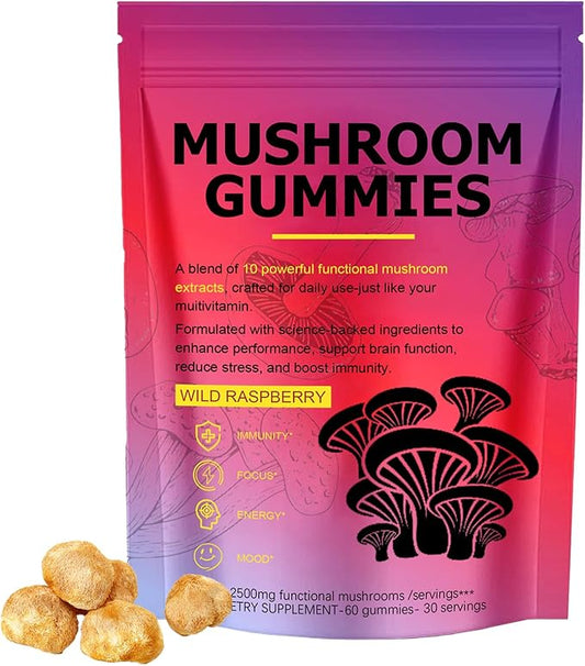 Sky Nutrition Mushroom Gummies, 12 in 1 Mushroom Blend with Lions Mane, Turkey Tail, Organic Reishi, Cordyceps, Immune Support & Energy Boost, Mushroom Supplement for Adults, Non-GMO, 60 Gummies