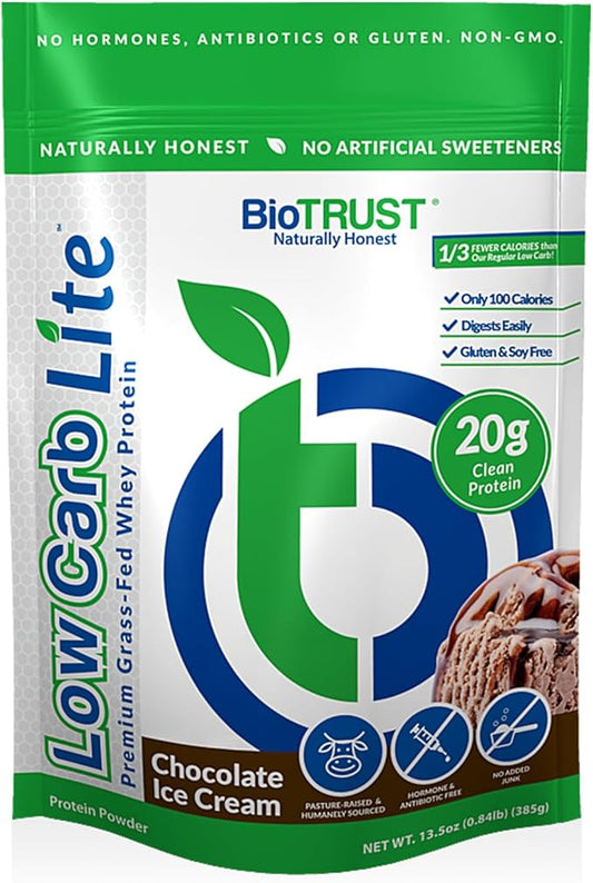 BioTrust Low Carb Lite, 20 Grams of Grass-Fed Whey Protein Isolate, 100 Calories, ProHydrolase Digestive Enzymes, Non-GMO, Free from Soy and Gluten, rBGH-Free (14 Servings) (Chocolate Ice Cream)