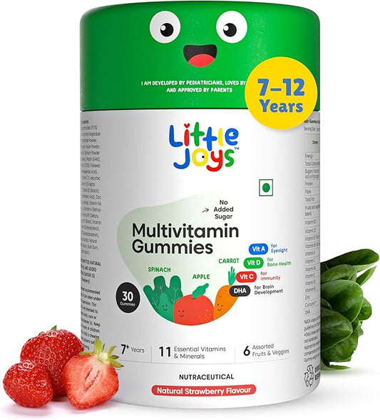 Kids Multivitamin Gummies |2+ Years| No Added Sugar | DHA, Vitamin D3, B12, C, A, Zinc & Iron | Immunity & Bone Health | No Preservatives I Gluten Free I Strawberry Flavour I 30 Day Pack