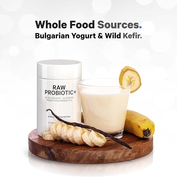 Codeage Raw Probiotic+ Supplement - 34 Probiotic Strains, 100 Billion CFUs, Raw Whole Food Probiotics, Digestive Enzymes, Raw Fruits & Veggies Prebiotics - Wild Kefir Culture - Non-GMO - 30 Capsules