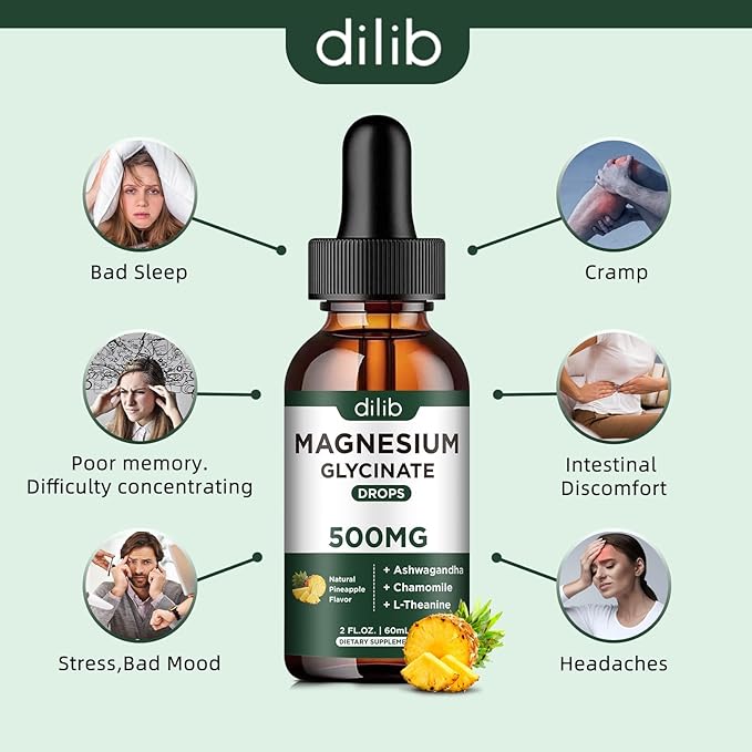Magnesium Glycinate 500mg - Liquid Magnesium Drops, Ashwagandha, L - Theanine, Chamomile - Calm & Stress Relief, Relaxation, Restful Sleep, Muscle Heart Health, Vegan - 2 Fl Oz (30 Days)