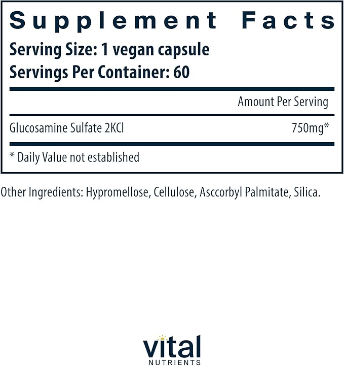 Vital Nutrients Vegan Glucosamine Sulfate 750mg | Healthy Cartilage, Mobility, and Joint Support Supplement | Vegetable Source of Glucosamine | Gluten, Dairy, Soy Free | Non-GMO | 60 Capsules