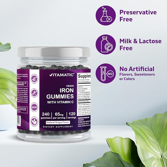 Vitamatic Iron 65 mg Gummies Supplement for Women & Men - 240 Vegan Gummies - Great Tasting Iron Gummy Vitamins with Vitamin C