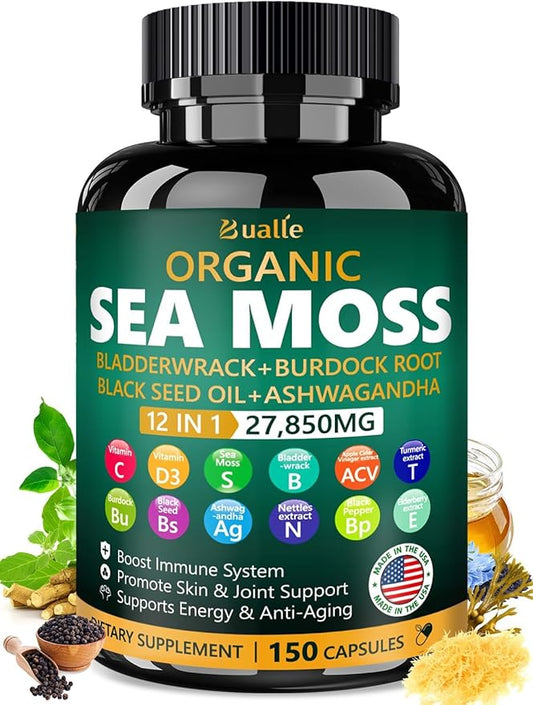 Organic Sea Moss Capsules 27,850mg with Sea Moss,Black Seed Oil,Ashwagandha,Bladderwrack,Ginger,Burdock Root for Immune System,Skin,Energy Support-USA Made (150 Capsules)
