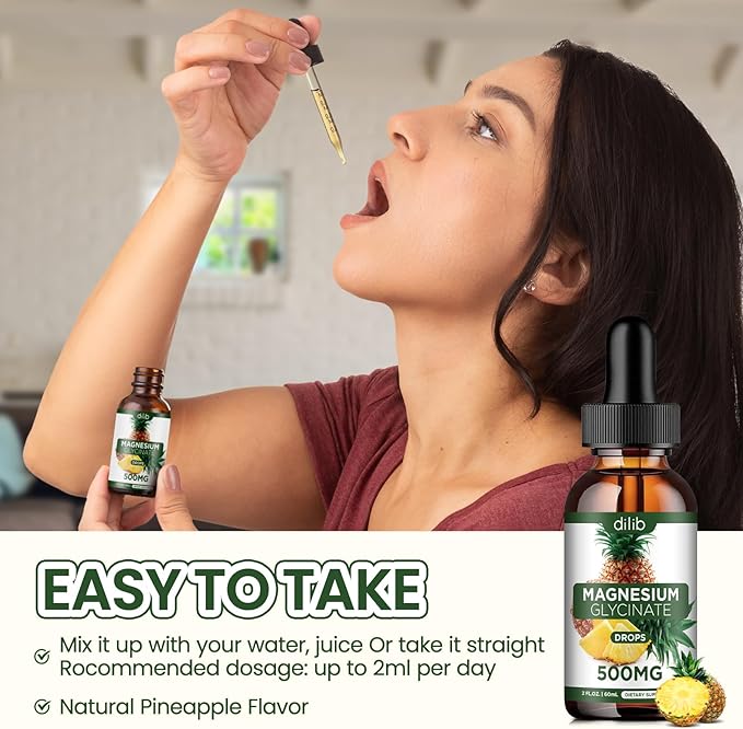 Magnesium Glycinate Supplement, Liquid Magnesium Glycinate Liquid Drops 500mg-Support Stress Relief, Relaxation, Mood, Sleep, Bone & Muscle-2 Fl Oz, Vegan, Pineapple Flavor