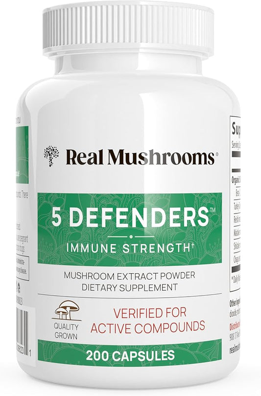 Real Mushrooms 5 Defenders Capsules - Organic Mushroom Extract w/Chaga, Shiitake, Maitake, Turkey Tail, Reishi Supplement Vegan, Non-GMO, 200 Caps