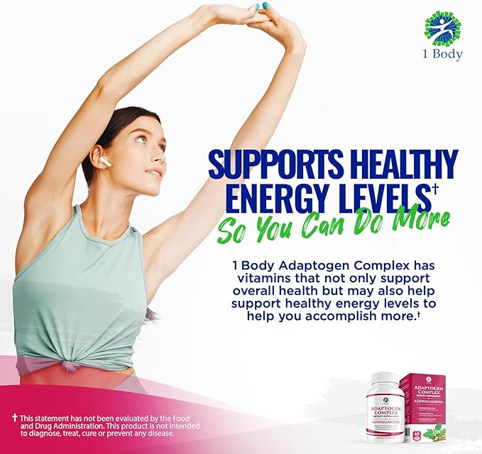 1 Body Ashwagandha Complex Supplement, Focus and Energy Support, 120 Vegan Capsules