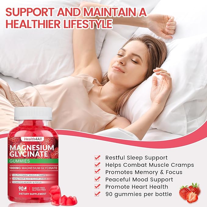 Magnesium Glycinate Gummies 1000mg, High Absorption Sugar Free Magnesium Potassium Supplement for Relaxation, Stress Relief, and Sleep Support for Adults & Kids - 90 Strawberry Gummies