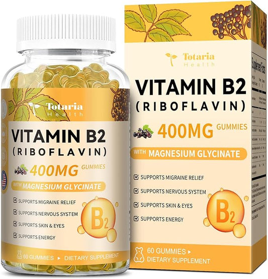 Vitamin B2 Gummies, Sugar Free Riboflavin 400mg Supplement for Adults & Kids with Magnesium Glycinate, COQ10 & Elderberry, Skin & Nervous System Support, Non-GMO, 60 Gummies