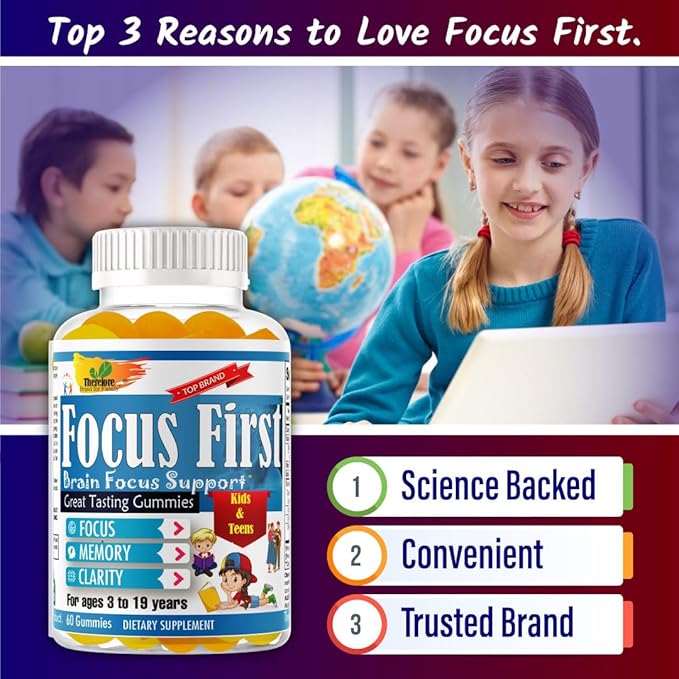 Focus First Kids Focus Support Gummies, Kids Brain Booster Focus Vitamins for Kids, Memory Booster Gummies for Brain with DHA/EPA Omega 3 6 9-60ct