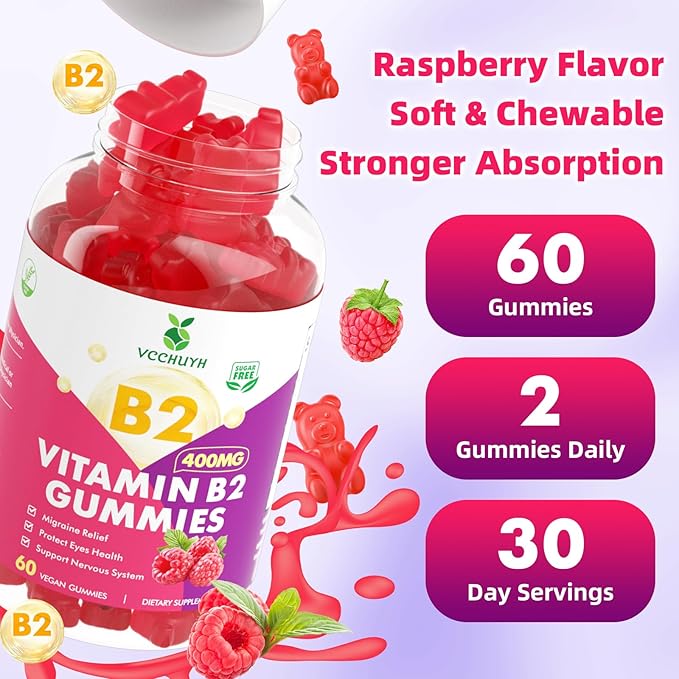Vitamin B2 Gummies for Kids & Adults, VIT B2 Riboflavin 400mg Supplement with Magnesium for Migraine Relief & Nervous System Support, Non-GMO, Vegan, Raspberry Flavor 60 Count