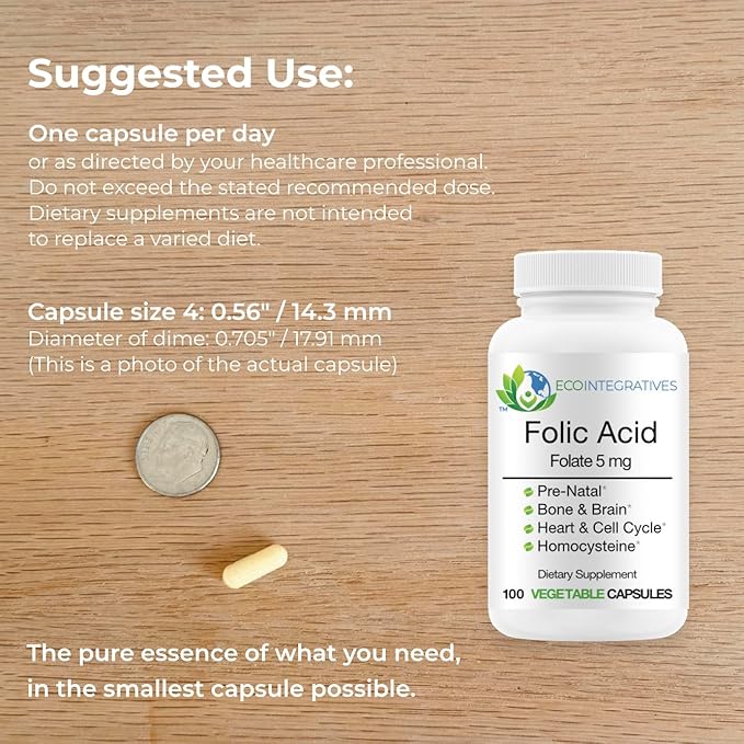 Folic Acid Folate 5mg (B9) Prenatal, Reproductive Health, Homocysteine, Metabolism, Cardiovascular, Bone, Immune Support, Allergen Free, Non GMO - 100 Vegan Capsules