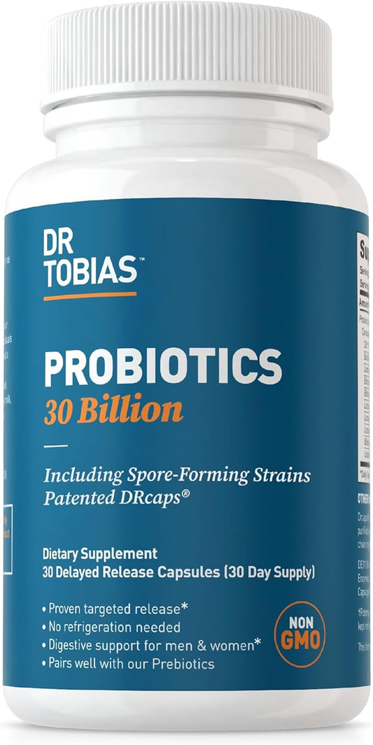 Dr. Tobias Probiotics 30 Billion, 10 Strains, 30 Billion CFU's, Targeted Release Probiotics for Women & Men, Supports Digestive Health, Shelf-Stable, Non-GMO, 30 Capsules, 30 Servings