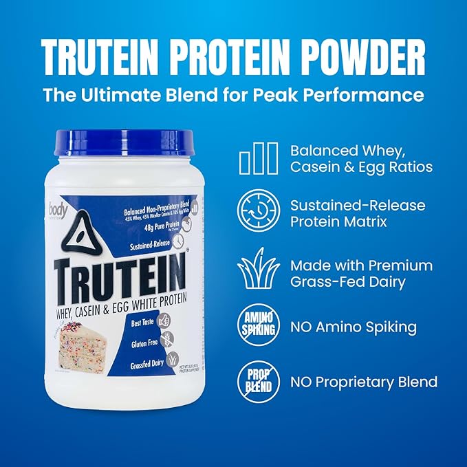 Body Nutrition Trutein High Protein Powder: 45% Whey, 45% Casein, 10% Egg White Protein Shake Mix, Gluten-Free, Low Sodium, Low Carb Protein Supplement Powder for Men & Women, Birthday Cake, 2lb
