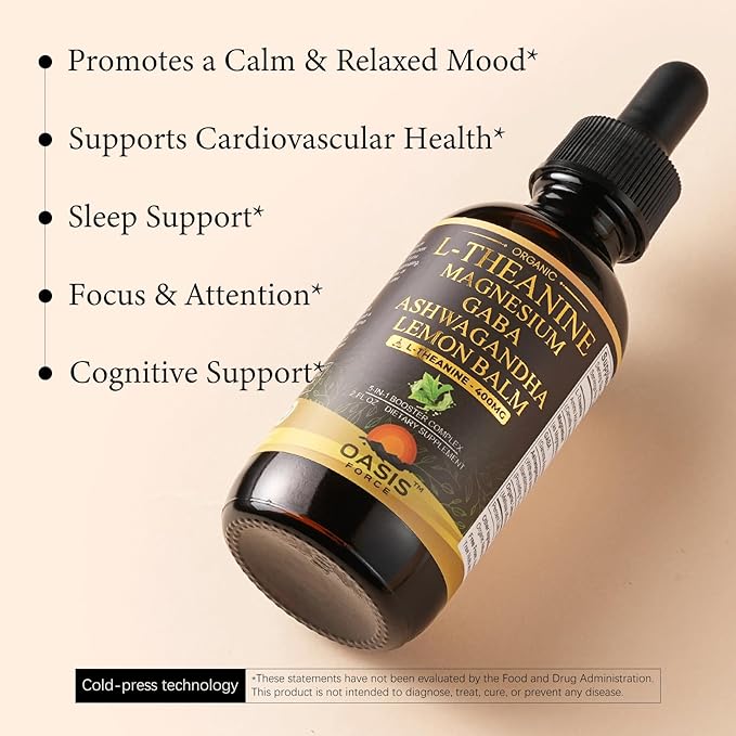 Oasisforce L Theanine 400mg Liquid Drops, L-Theanine Supplement for Adults & Kids with GABA, Magnesium & Ashwagandha, Natural Sleep, Focus & Relaxation Support, Vegan, Alcohol-Free, Non-GMO, 2 FL OZ